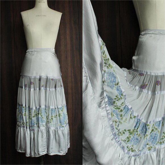 Vintage 1970s 1980s Skirt, Tea Length Silver Silk and Floral Print with Tiers - Picture 1 of 10